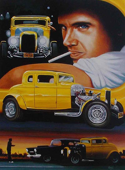 American Graffitti hotrodder John Milner and his legendary yellow &#39;32 coupe. S/N by artist &amp; autographed by actor Paul Le Mat - howe_paradise